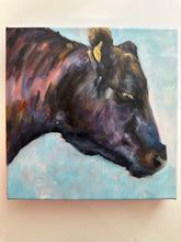 Load image into Gallery viewer, Original oil painting by Leigh Pritchard - Leigh Suzie Art of black angus cow with a blue background.