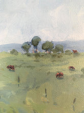 Load image into Gallery viewer, Up close of the original acrylic landscape painting with Santa cattle  by Leigh Suzie Art
