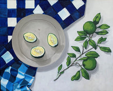 Load image into Gallery viewer, Sill life with fresh limes and linen - original acrylic on canvas by Leigh Suzie Art