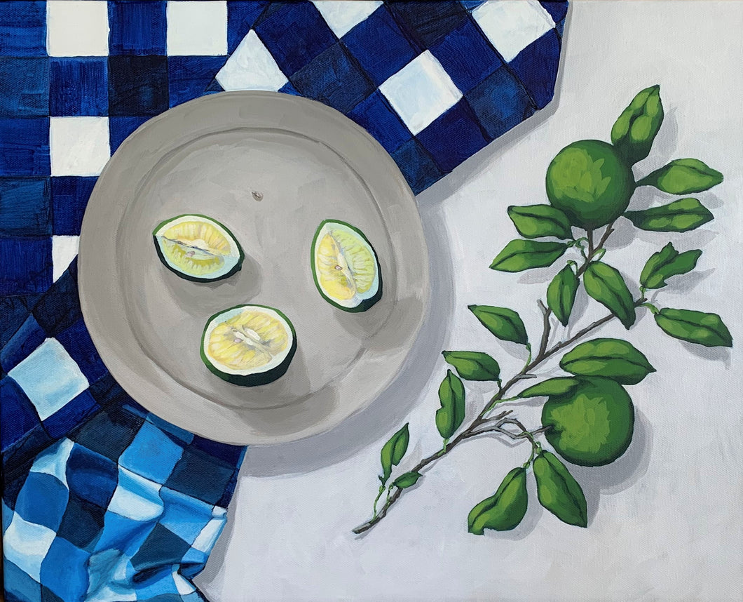 Sill life with fresh limes and linen - original acrylic on canvas by Leigh Suzie Art